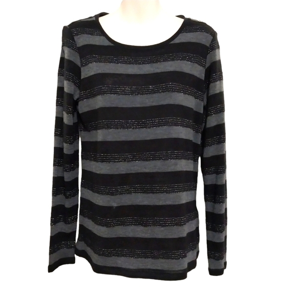 ✨Bogo FREE ✨ Carl Lagerfeld Paris Two Tone Gray Striped Sparkly Sweater Top Sz M - Picture 1 of 6